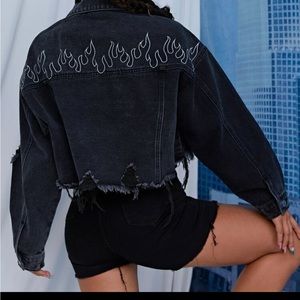 Distressed flame embroidered jean jacket